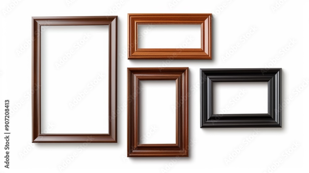 Four wooden framed pictures are hanging on a white background Four wooden framed pictures are hanging on a white background