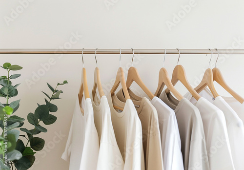 Different clean T-shirts hanging on rack indoors