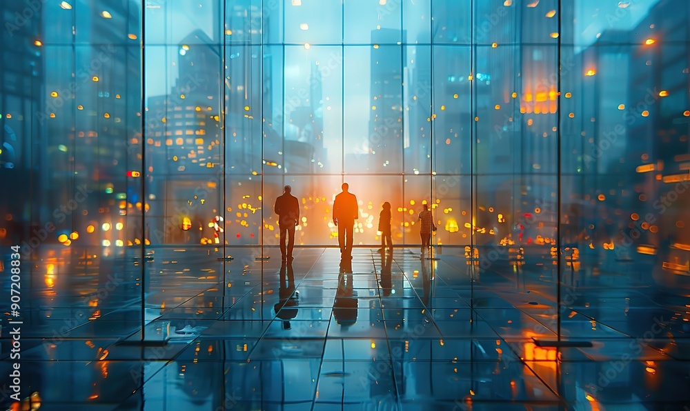 Blurred silhouettes in a modern office background with glass walls and natural light highlight a vibrant and dynamic work atmosphere. Blurred silhouettes in a modern office background with glass walls and natural light highlight a vibrant and dynamic work atmosphere.