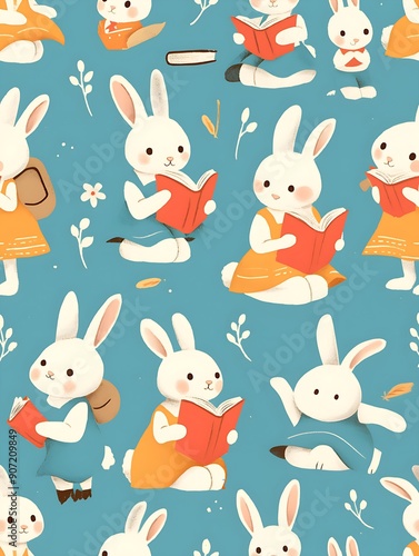 Cute and elegant bunny reading a book seamless pattern