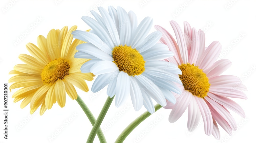 Fototapeta premium Three white and yellow daisies are arranged in a bouquet