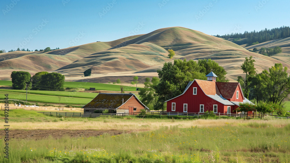 charming countryside farmhouse with a red barn and rolling hills in the background, charming countryside farmhouse with a red barn and rolling hills in the background,