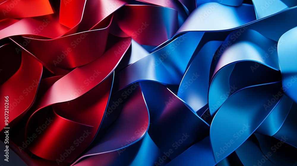 Abstract 3D art with complex interlocking shapes and vibrant colors in red and blue dynamic composition high contrast lighting side view tech-inspired design Abstract 3D art with complex interlocking shapes and vibrant colors in red and blue dynamic composition high contrast lighting side view tech-inspired design