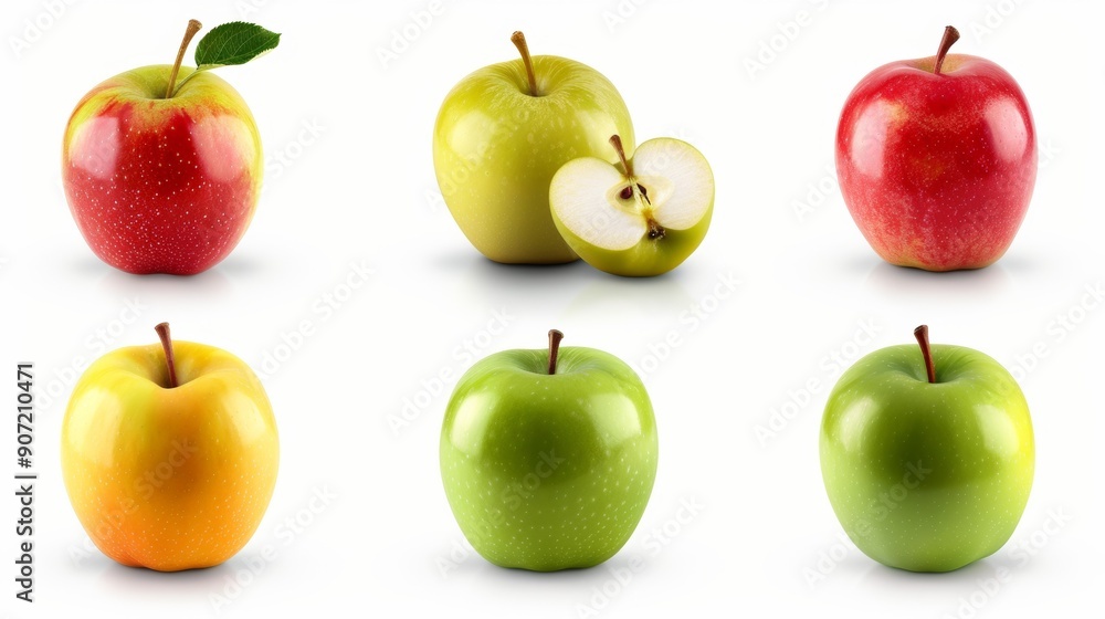 A row of apples with one of them cut in half A row of apples with one of them cut in half