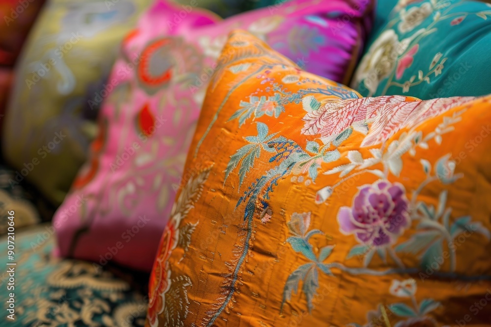Close-up view of a bunch of pillows arranged on a couch, suitable for interior design or home decor projects Close-up view of a bunch of pillows arranged on a couch, suitable for interior design or home decor projects