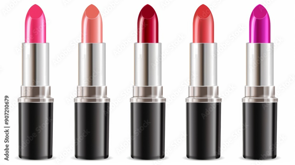 A row of five lipsticks in different colors A row of five lipsticks in different colors