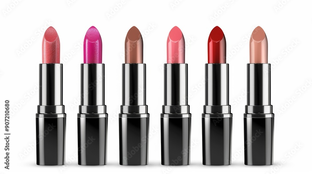 Obraz premium A row of six lipsticks with different colors and shades