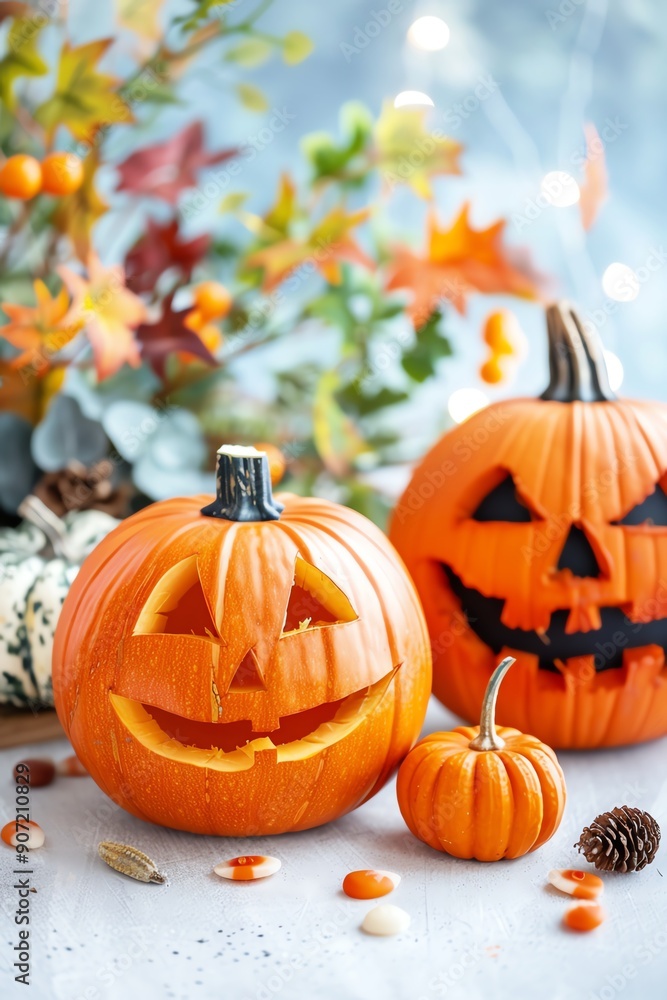Obraz premium Halloween pumpkins with carved faces, surrounded by autumn decorations, creating a festive and spooky atmosphere.