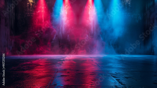 Abstract stage with red and blue spotlights on spotlight background