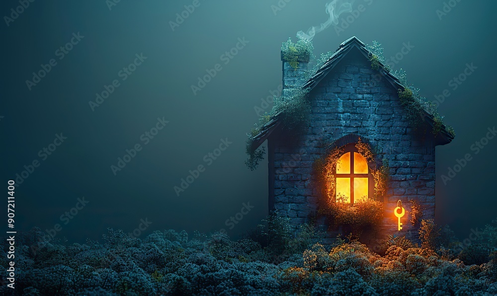A dark, minimalistic house with a glowing window projects a key-shaped shadow on the wall, symbolizing home security, ownership, and real estate concepts. A dark, minimalistic house with a glowing window projects a key-shaped shadow on the wall, symbolizing home security, ownership, and real estate concepts.