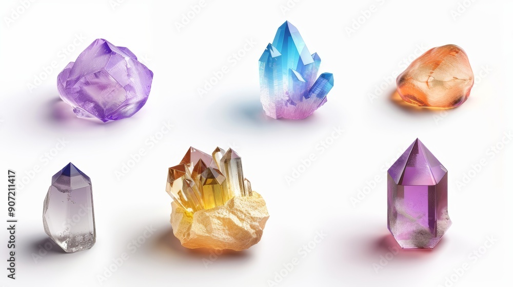 A collection of colorful gemstones, including purple, blue, yellow, and orange A collection of colorful gemstones, including purple, blue, yellow, and orange