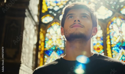 Portrait of a handsome young man standing in front of a church window