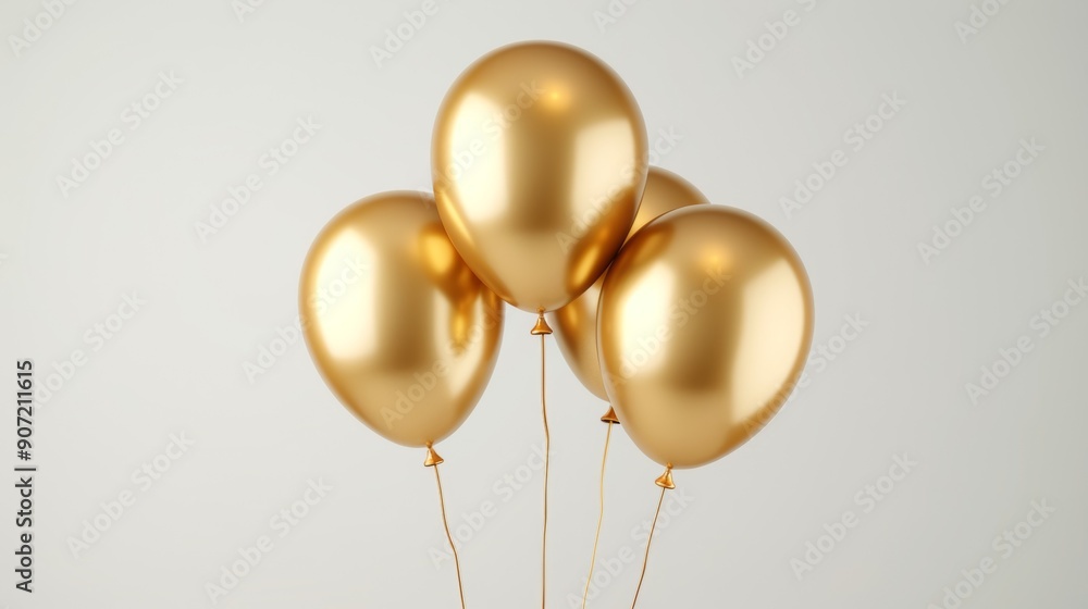 Three gold balloons are tied together Three gold balloons are tied together