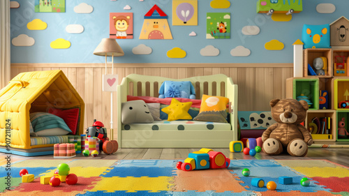 child's bedroom filled with colorful toys, a small bed with cartoon bedding, and wall decals,