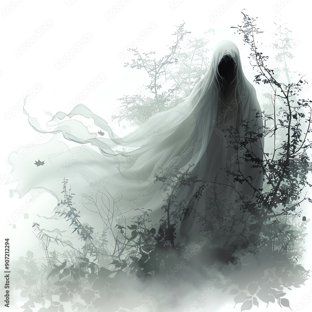 Ghostly figure in a misty forest, shrouded in white, creating an eerie and mysterious atmosphere. Ghostly figure in a misty forest, shrouded in white, creating an eerie and mysterious atmosphere.