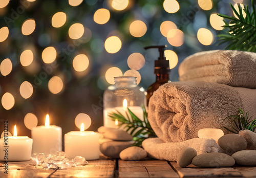 Beautiful composition with different spa products on table against blurred lights, closeup