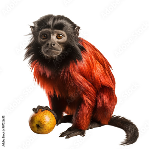 Red And Black Monkey With Fruit On Transparent Background photo