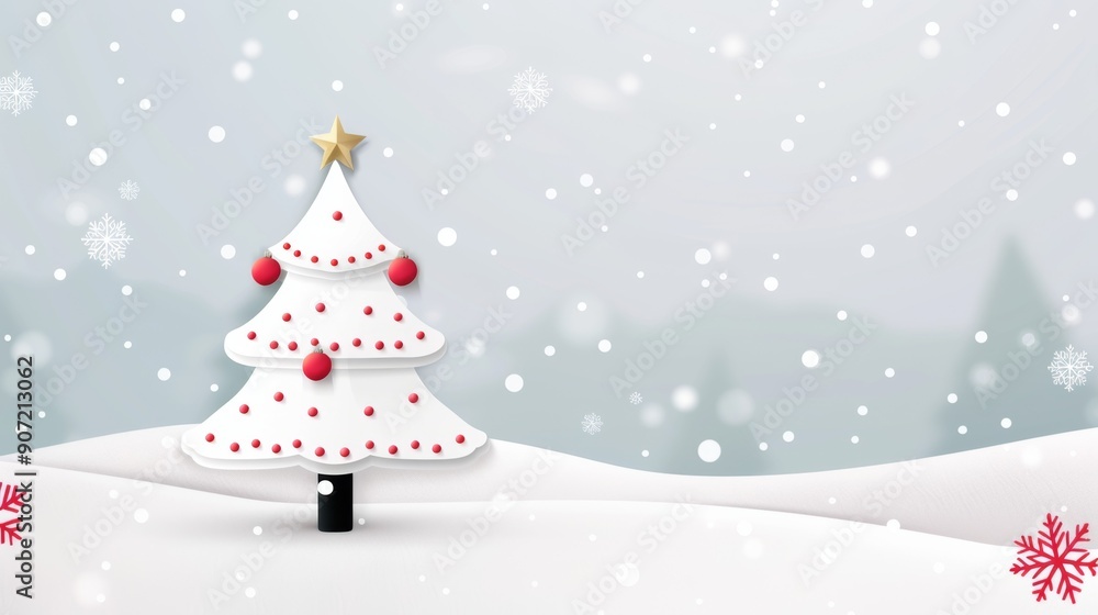 A white Christmas tree with red balls on it is standing in the snow A white Christmas tree with red balls on it is standing in the snow