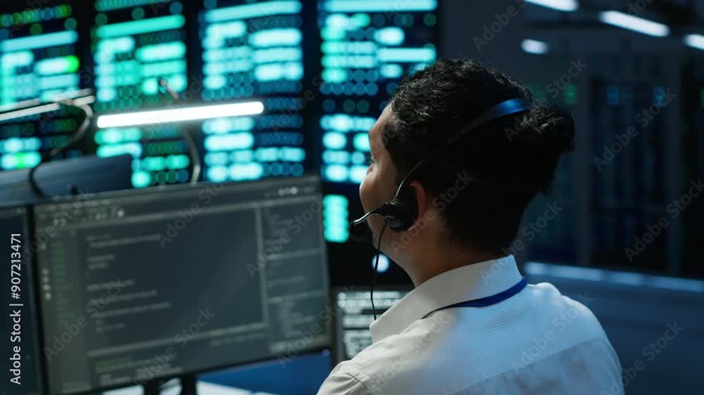 Data center computer scientist wearing mic headset, doing installation of networking equipment. Server hub IT professional talking in microphone with system administrators, camera A Data center computer scientist wearing mic headset, doing installation of networking equipment. Server hub IT professional talking in microphone with system administrators, camera A