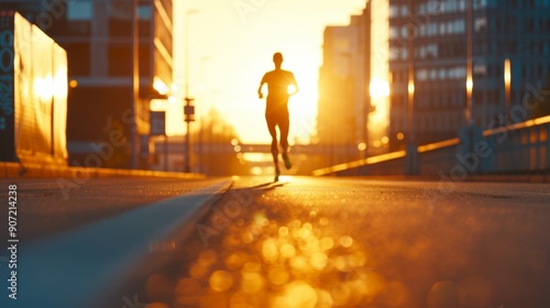 A runner is running down a street at sunset © Space Priest