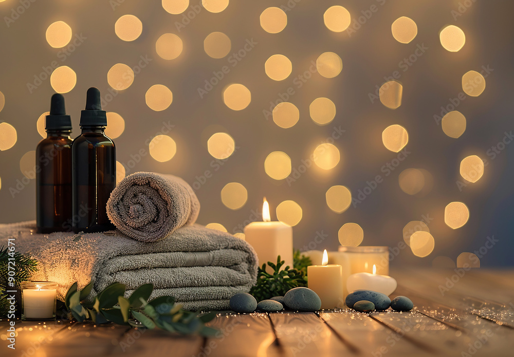 Beautiful composition with different spa products on table against blurred lights, closeup Beautiful composition with different spa products on table against blurred lights, closeup
