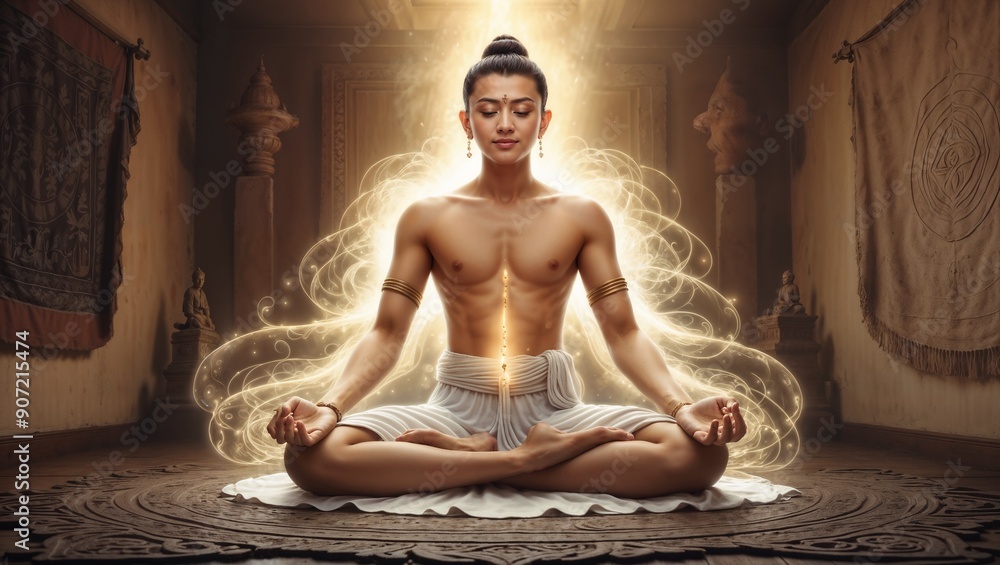 Monk meditating with visual vibration in the background Monk meditating with visual vibration in the background