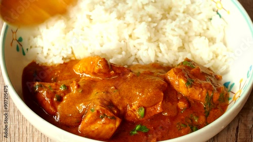 Chicken tikka masala with rice, in door Chiangmai Thailand.