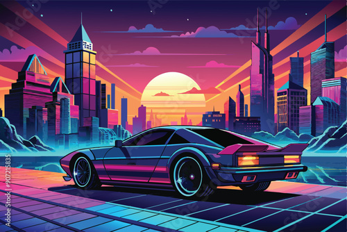 Retrofuturistic Sports Car Driving Through Neon City at Sunset