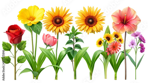 Set of beautiful hibiscus sunflower and tulip flowers and plants isolated on transparent background