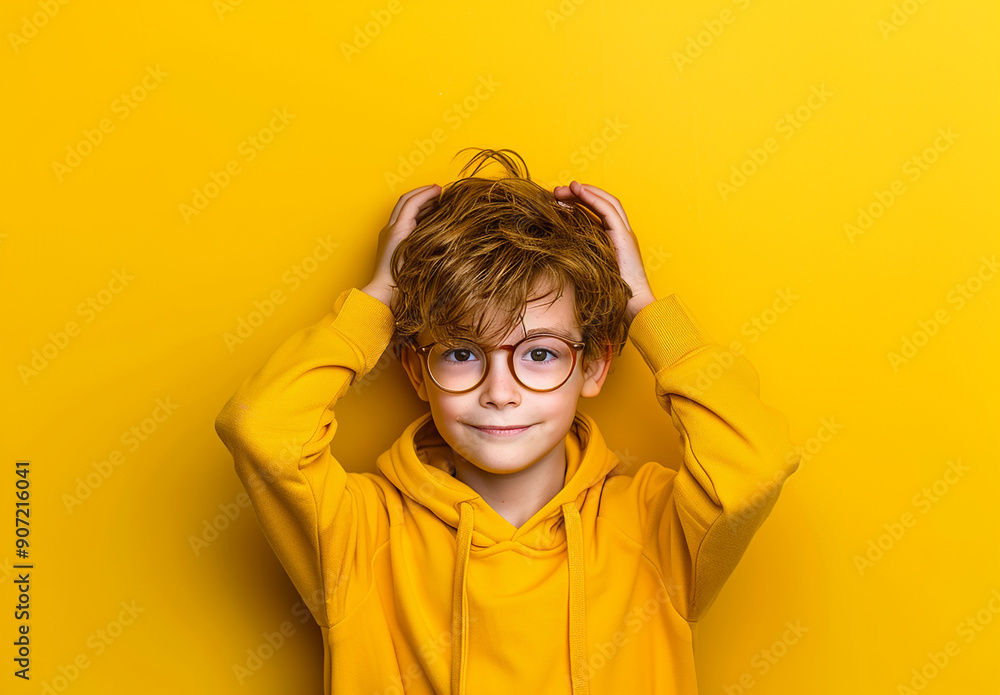 Portrait of a little curly boy in glasses on a bright green background. Little scientist, inventor, researcher, physicist, mathematician Portrait of a little curly boy in glasses on a bright green background. Little scientist, inventor, researcher, physicist, mathematician