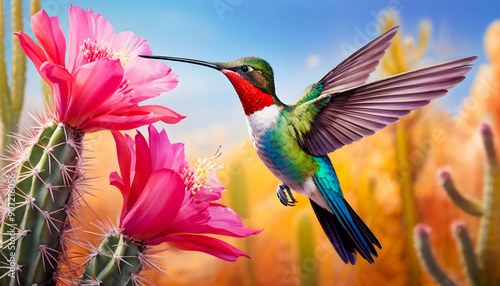 A Hummingbird Hovering in Mid-Air Close to a Beautiful Vibrant Flower, Capturing Nature’s Grace and Elegance in Full Bloom