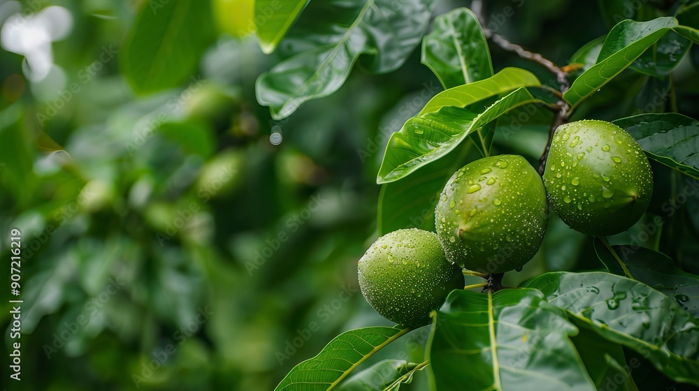 Green walnut growing on a tree Green walnut growing on a tree