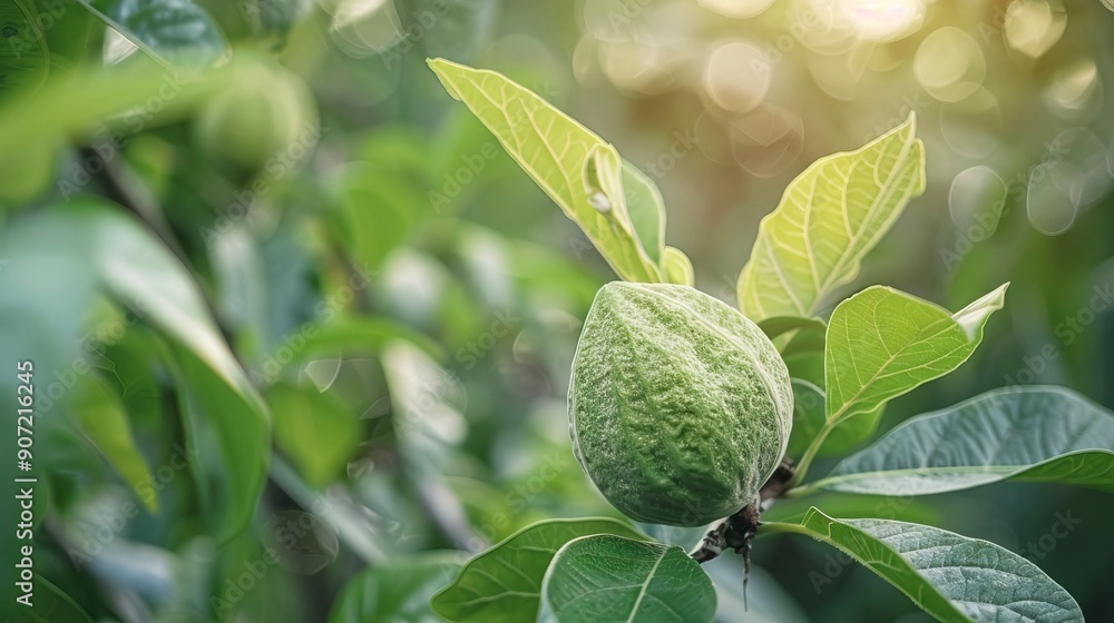 Green walnut growing on a tree Green walnut growing on a tree