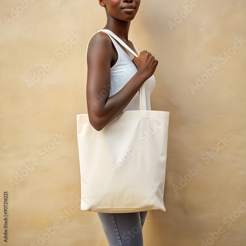 Tote bag mockup. Young African American woman in white tank top carrying reusable cotton linen eco organic fabric canvas blank totebag on yellow background. AI generated