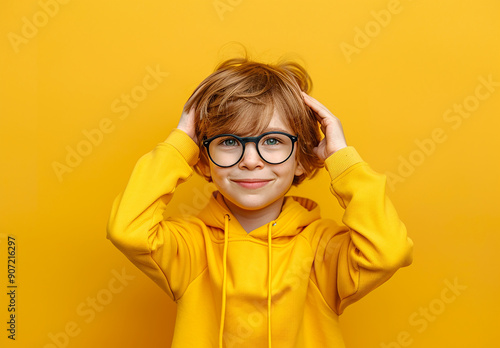 Portrait of a little curly boy in glasses on a bright green background. Little scientist, inventor, researcher, physicist, mathematician