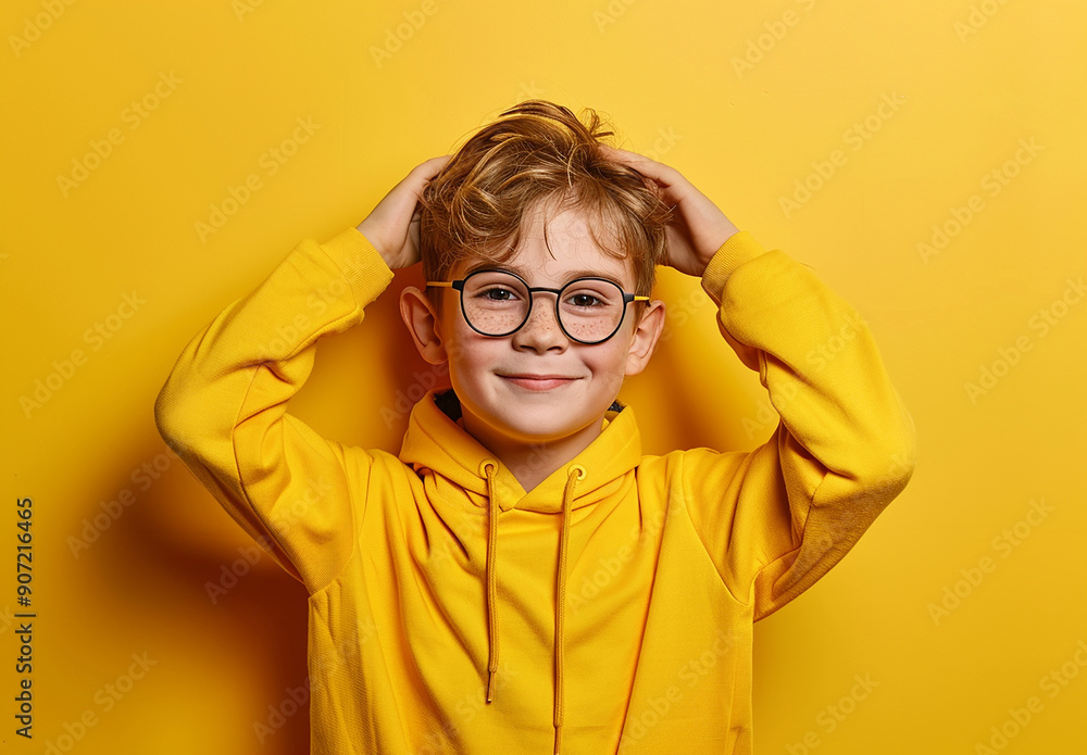 Portrait of a little curly boy in glasses on a bright green background. Little scientist, inventor, researcher, physicist, mathematician Portrait of a little curly boy in glasses on a bright green background. Little scientist, inventor, researcher, physicist, mathematician