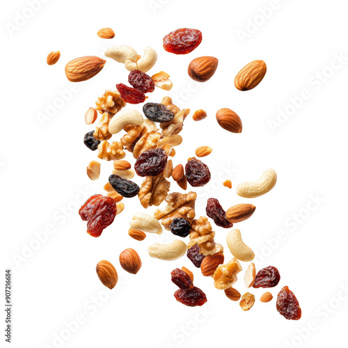 Trail Mix With Floating Nuts And Dried Fruits On Transparent Png Background For Healthy Snack Advertisements . Generative ai
