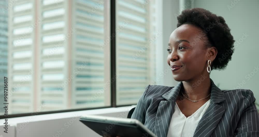 Black woman, tablet and reading in office, happy and info for report of finance by forensic accountant. Research, digital and browsing of auditor with internet for investigation of company and person Black woman, tablet and reading in office, happy and info for report of finance by forensic accountant. Research, digital and browsing of auditor with internet for investigation of company and person