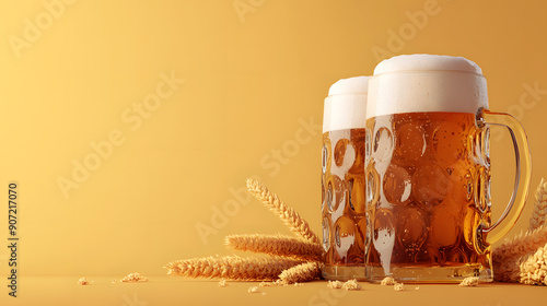 Two mugs of beer with foam next to a bottle, showing a frothy, golden lager in a light-filled, isolated setting photo