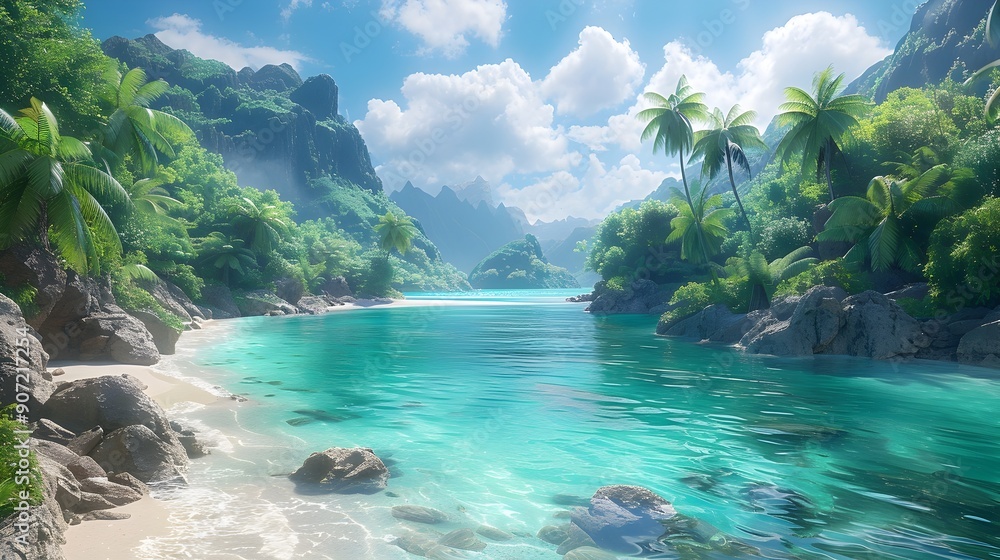 Fototapeta premium Exotic Tropical Paradise with Crystal-Clear Turquoise Waters and Lush Palm Trees