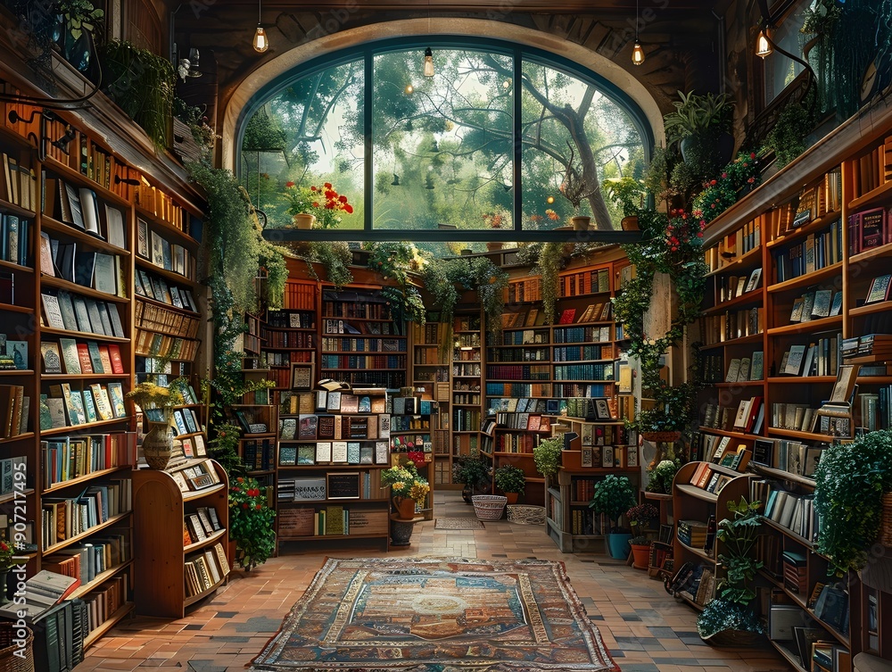 Fototapeta premium Charming Vintage-Style Bookstore with Cozy Reading Nooks and Shelves Full of Literary Treasures