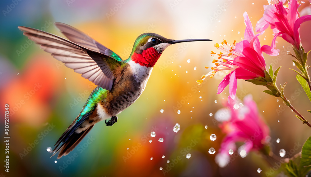 Naklejka premium A Hummingbird Hovering in Mid-Air Close to a Beautiful Vibrant Flower, Capturing Nature’s Grace and Elegance in Full Bloom