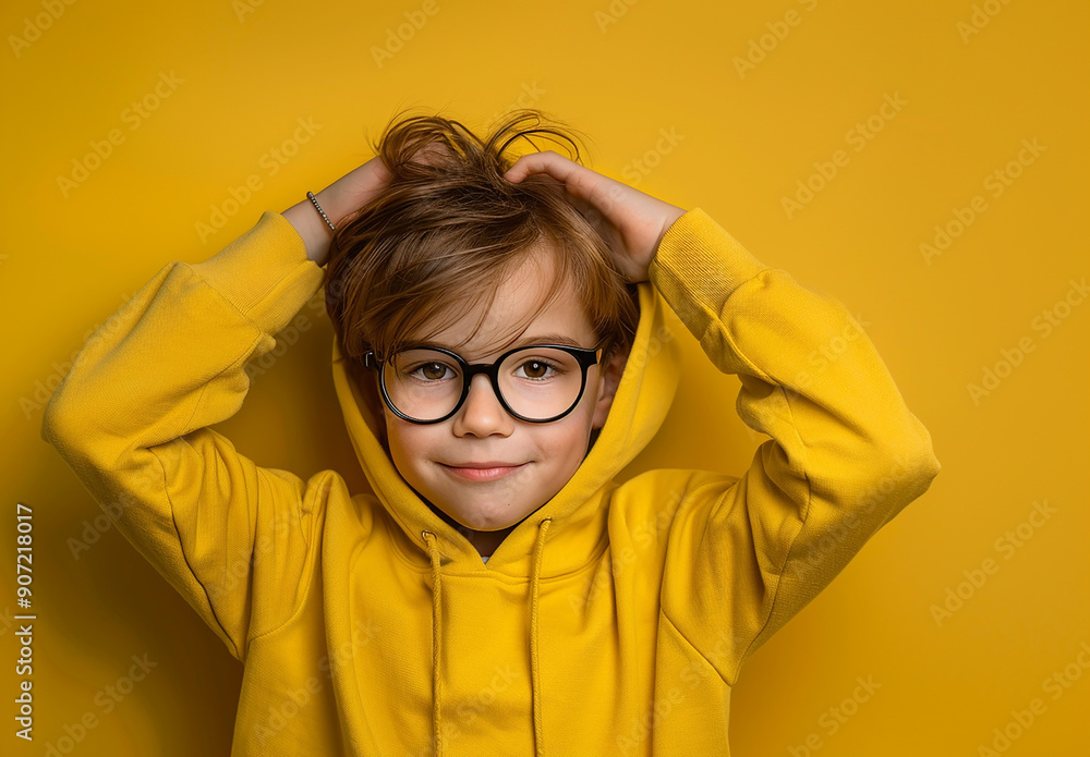 Portrait of a little curly boy in glasses on a bright green background. Little scientist, inventor, researcher, physicist, mathematician Portrait of a little curly boy in glasses on a bright green background. Little scientist, inventor, researcher, physicist, mathematician