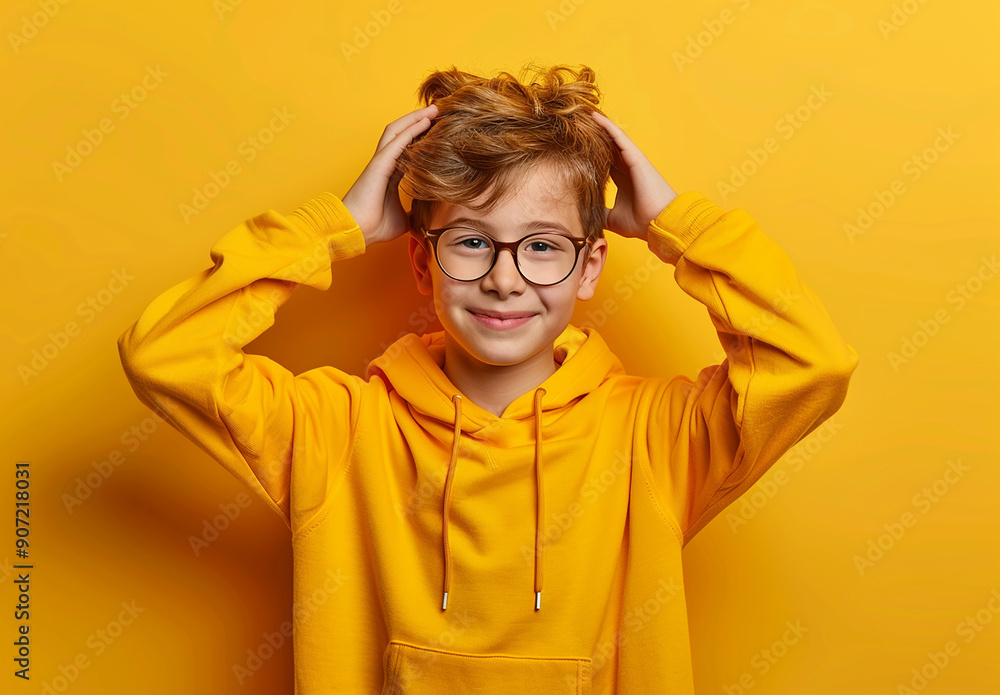 Portrait of a little curly boy in glasses on a bright green background. Little scientist, inventor, researcher, physicist, mathematician Portrait of a little curly boy in glasses on a bright green background. Little scientist, inventor, researcher, physicist, mathematician