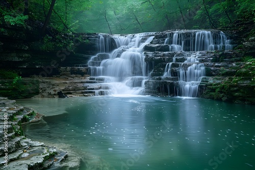 Enchanting Waterfall Surrounded by Lush Greenery in Serene Wilderness Landscape