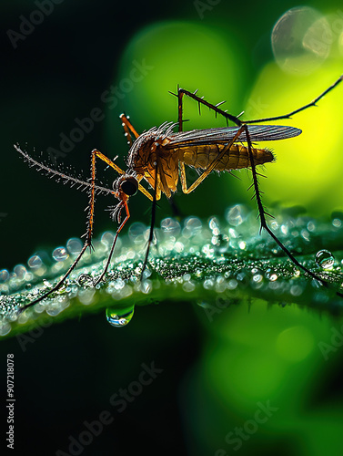 close-up of mosquito on leaf with water droplets