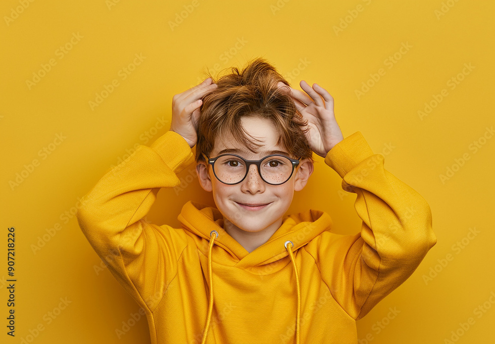 Portrait of a little curly boy in glasses on a bright green background. Little scientist, inventor, researcher, physicist, mathematician Portrait of a little curly boy in glasses on a bright green background. Little scientist, inventor, researcher, physicist, mathematician