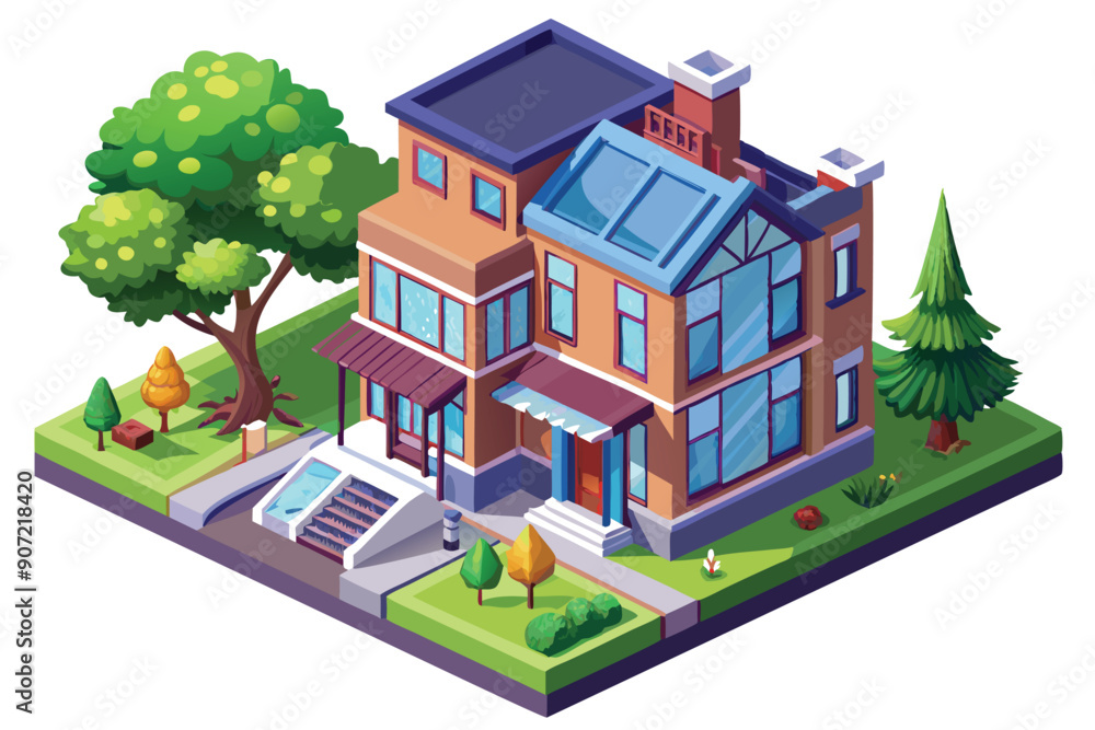 Isometric Illustration of a Modern Two-Story House with a Green Lawn and Trees Isometric Illustration of a Modern Two-Story House with a Green Lawn and Trees