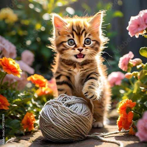 A playful tabby kitten pouncing on a ball photo