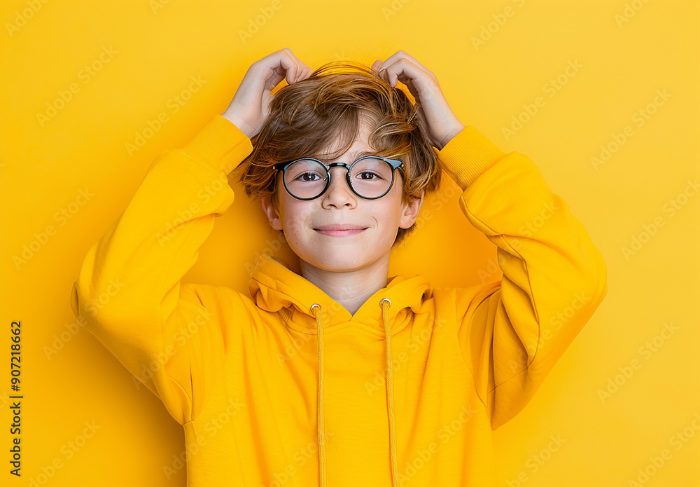Portrait of a little curly boy in glasses on a bright green background. Little scientist, inventor, researcher, physicist, mathematician Portrait of a little curly boy in glasses on a bright green background. Little scientist, inventor, researcher, physicist, mathematician